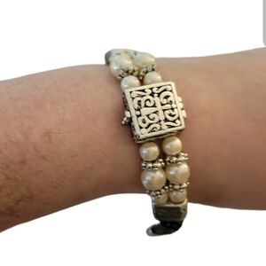 Faux Pearl Leather Silvertone Bracelet Locket